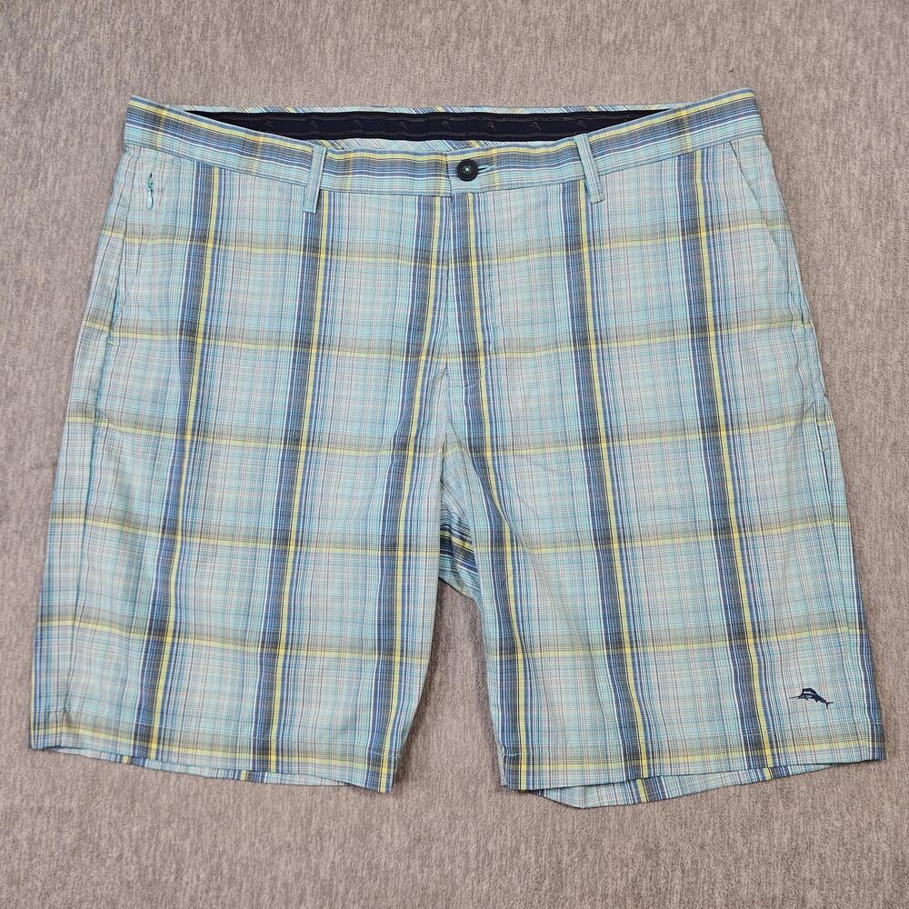 Tommy Bahama Shorts Mens 42 Blue Bermuda Nylon Spandex Plaid Stretch Quick Dry